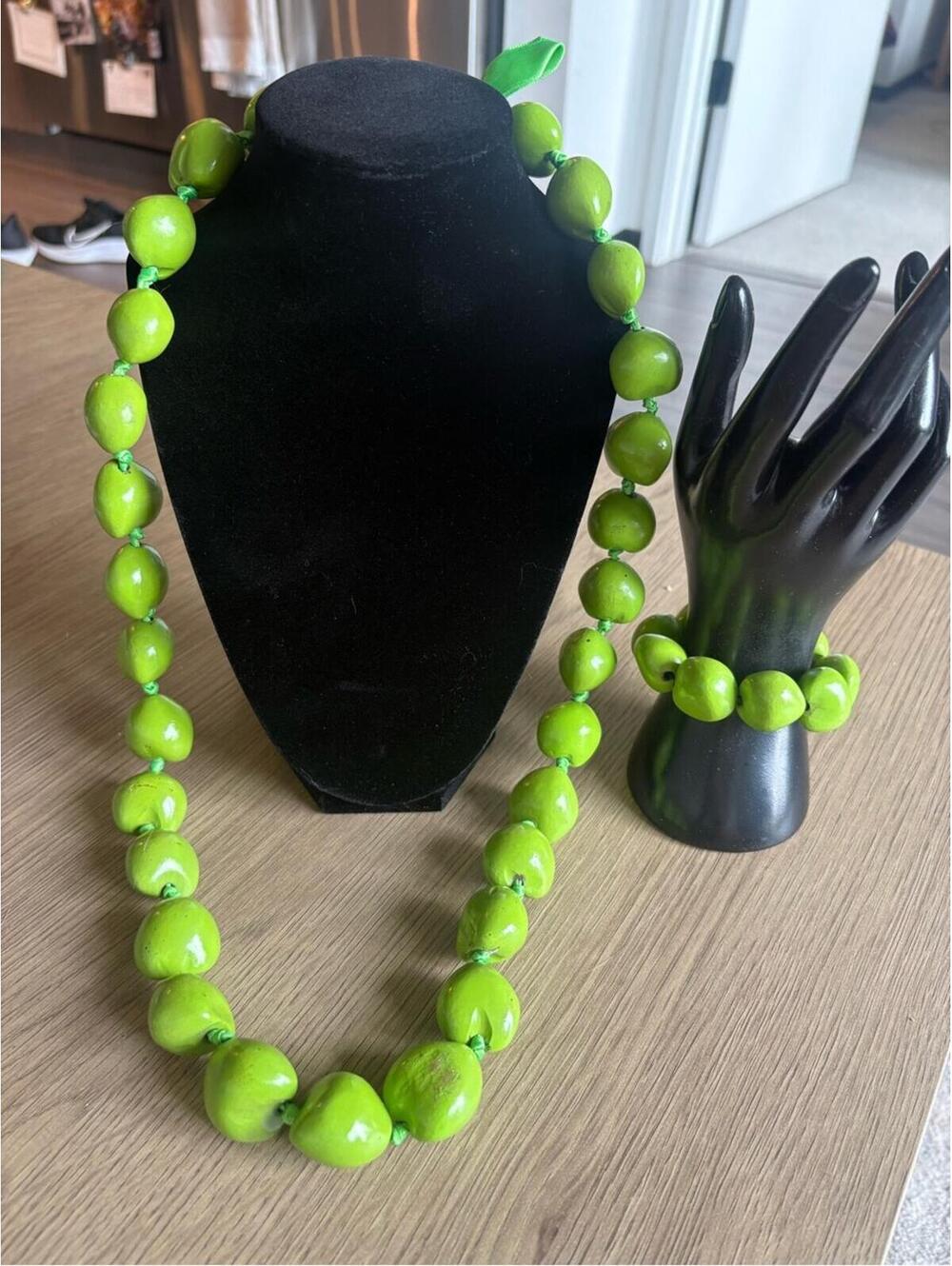 Green Bead Necklace and Bracelet Set - Vibrant Lime Statement Jewelry